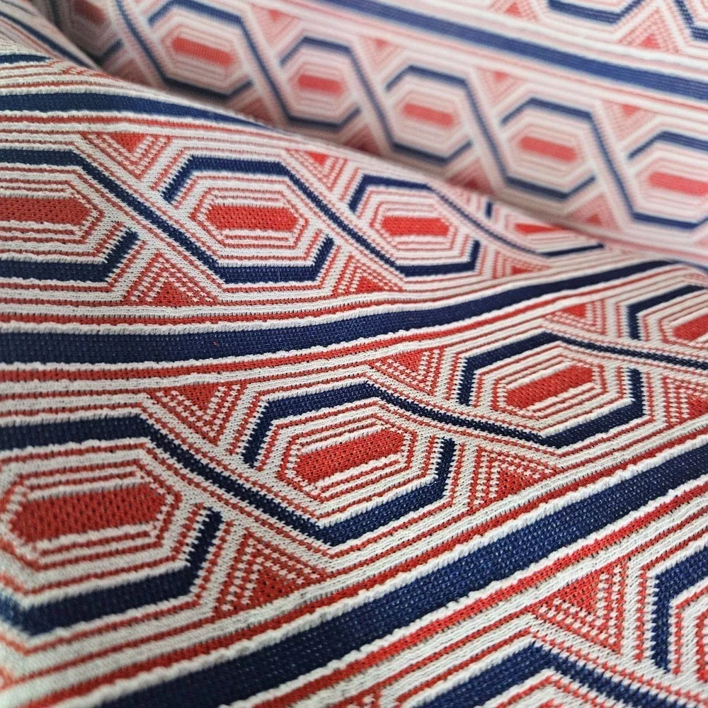 Vintage 70s Wrap Skirt Textured‎ Geometric L? Navy Red Ivory Knee Length Pencil